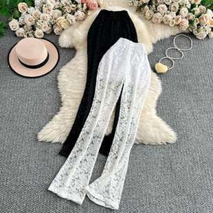 Sexy Hollow Lace Casual Pants for Women, High-Waist Slimming Flared Wide-Leg Long Pants with Drape, White, Summer Style