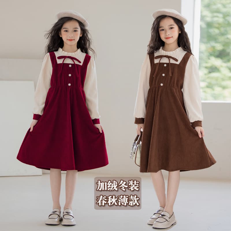 Girls' two-piece dress, autumn 2025, color-blocked princess dress, red fleece-lined dress for medium and large children, festive style.