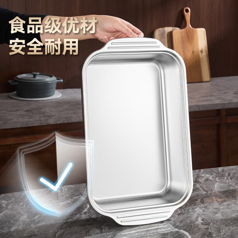 Stainless steel rectangular double ear plate thickened and high temperature resistant grilled fish plate for home and commercial use easy to clean