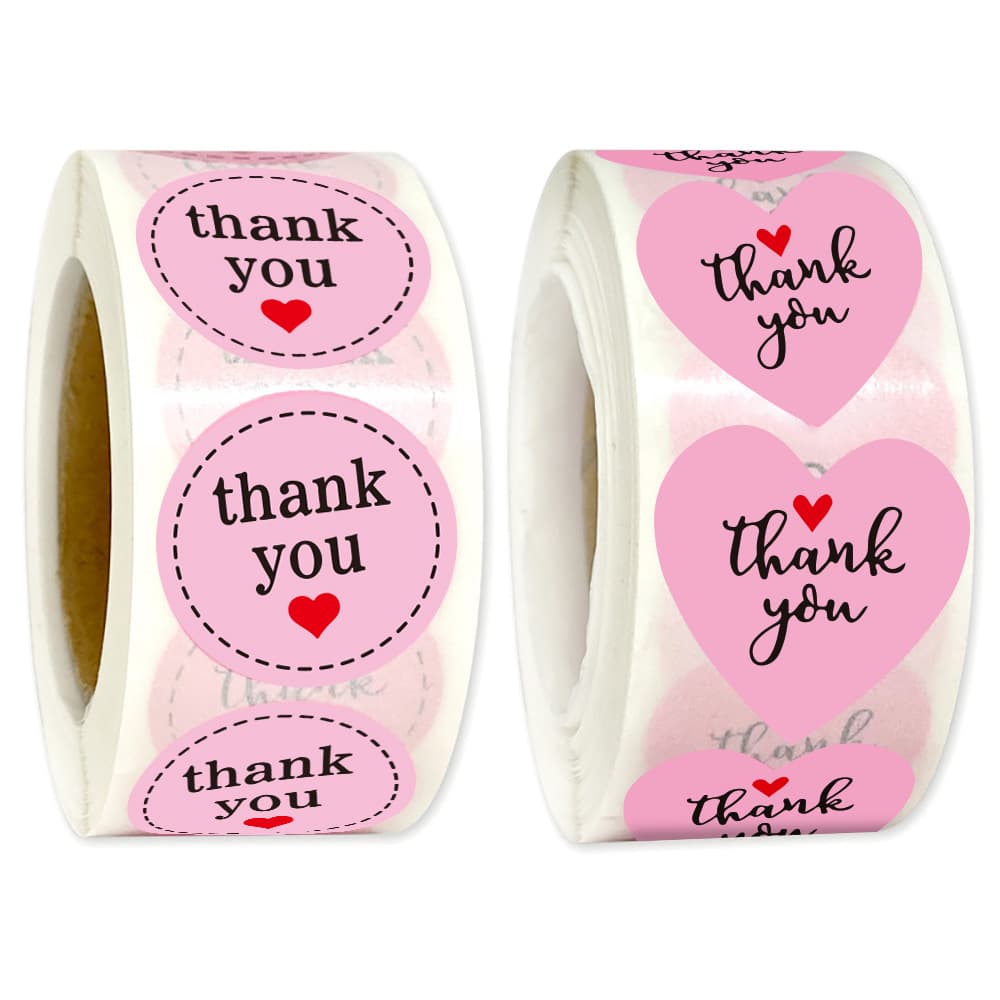 Pink Heart Shaped Thank You Stickers Roll Handmade Wedding Birthday Decor Labels Non Dry Adhesive Paper for Gift Box Sealing