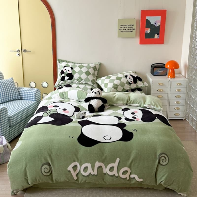 Saliya 2025 New Autumn Winter Cartoon Large Version Milk Velvet Four-Piece Set, Panda Cub