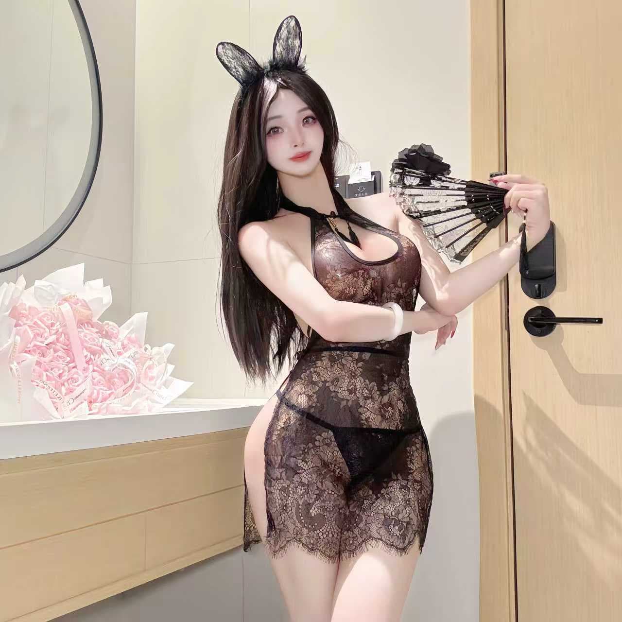 Lingerie New Chinese Style National Trend Lace Hollow Out Cheongsam Set Pure Desire Retro Style Stand Collar Frog Button Slit Cheongsam