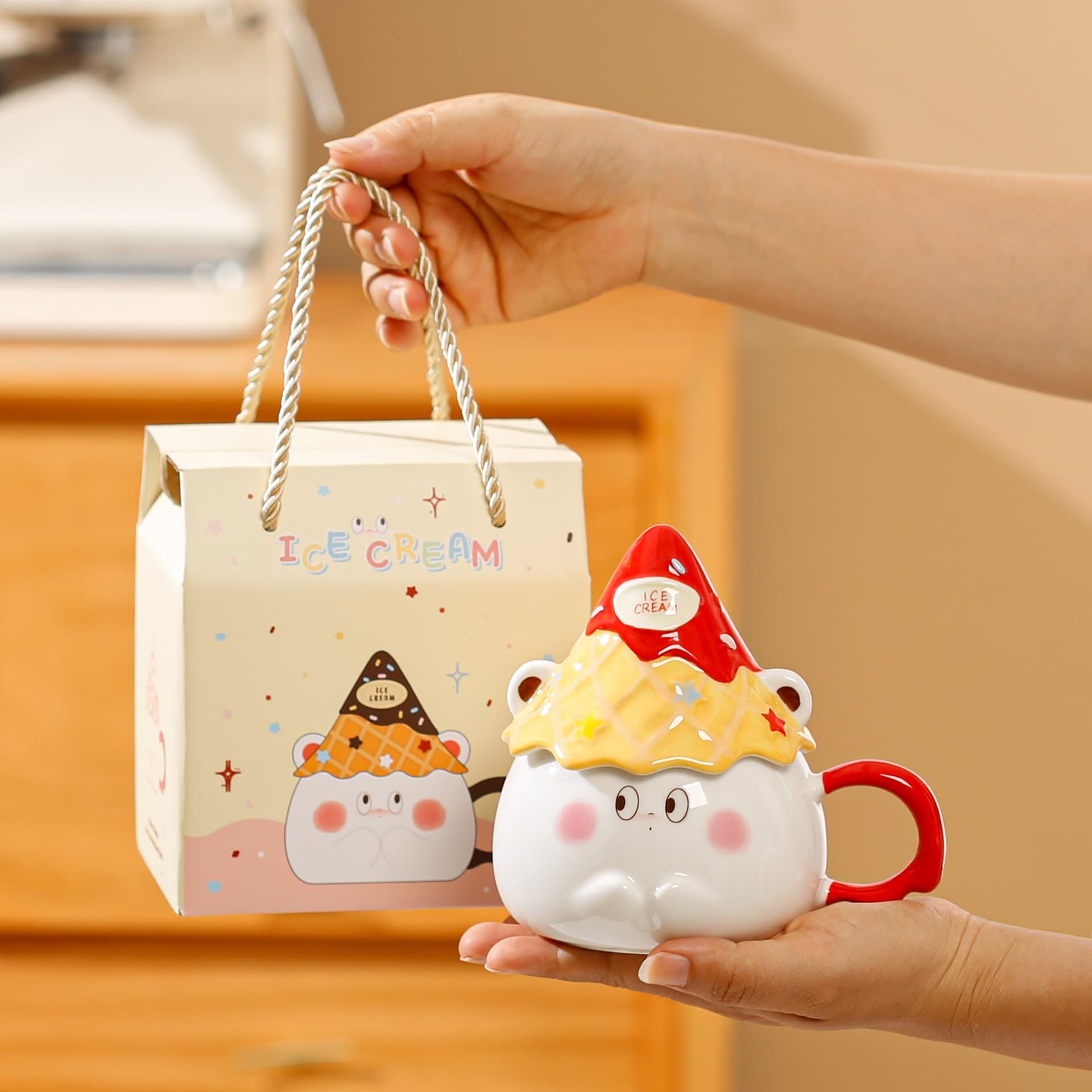 Cartoon Cone Mug with Lid Cyber Celebrity Drinking Cup Girls' Dormitory Breakfast Cup Cute Gift Box Set Accompanying Gift