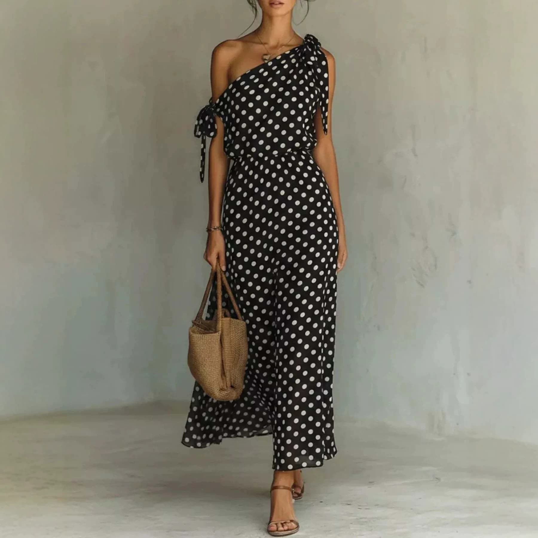 2026 French Polka Dot Dress Women's Summer Off-Shoulder Tie Long Dress Elegant Slimming Dress