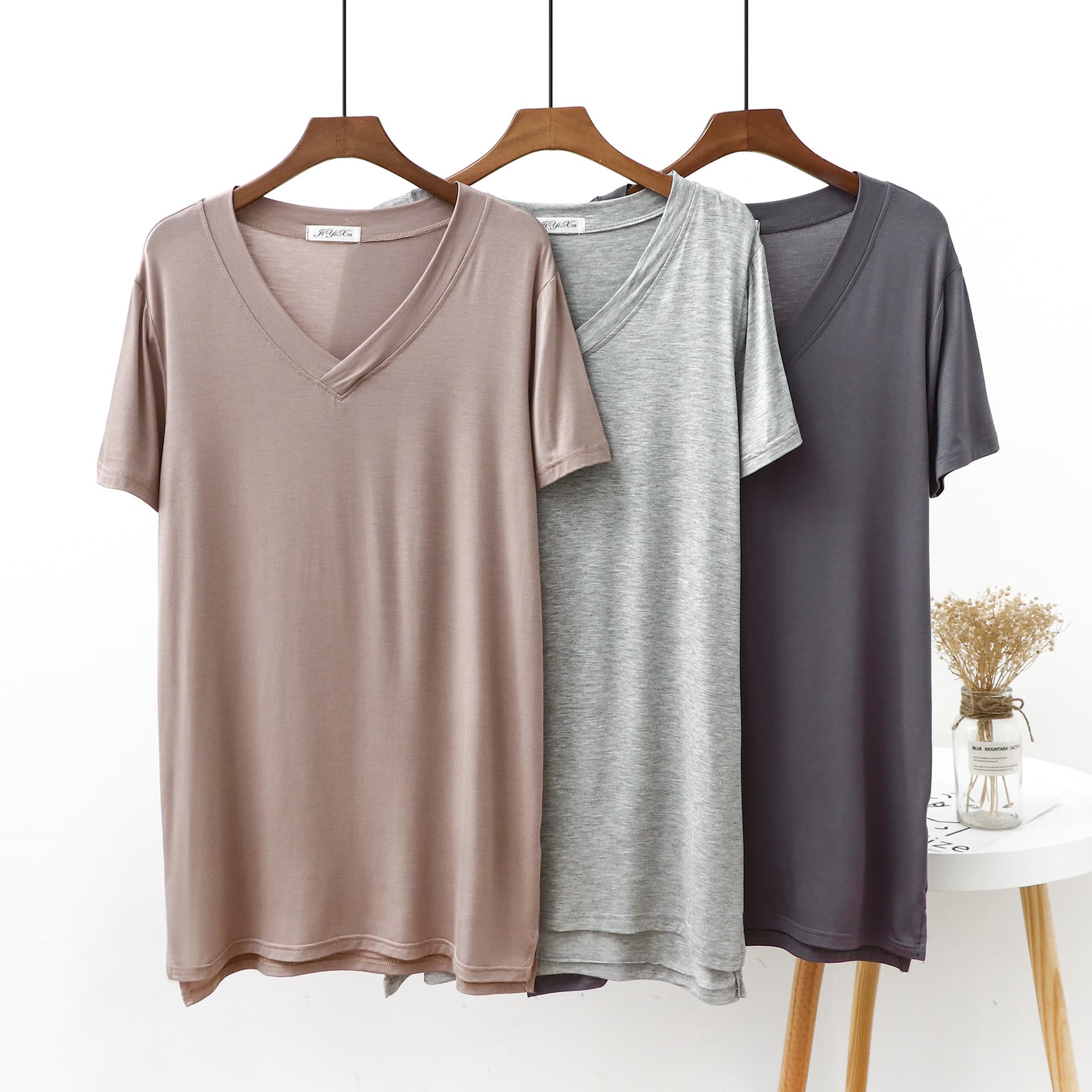 Spring and summer mid-length bra padded short-sleeved large size t-shirt for women V-neck modal bottoming shirt for women versatile slimming loose top