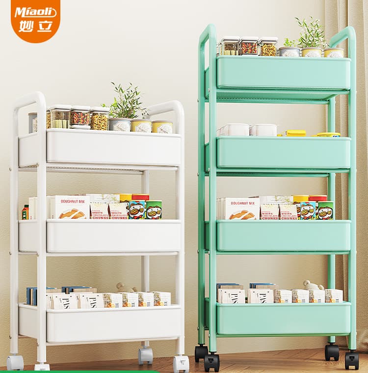 Multi-level mobile storage cart for kitchen, bedroom, baby snacks, and bathroom organization.