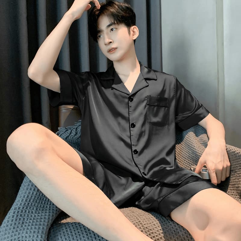 Men's Summer Pajamas Ice Silk Short Sleeve Shirt and Pants Set Solid Black Thin Lightweight Imitation Silk Homewear