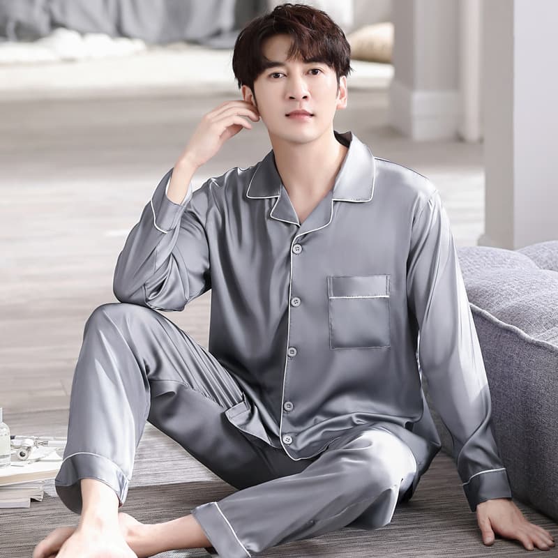 Men's Pajamas Autumn Winter Long Sleeve Thin Ice Silk Korean Style Plus Size Youth Casual Home Wear Suit