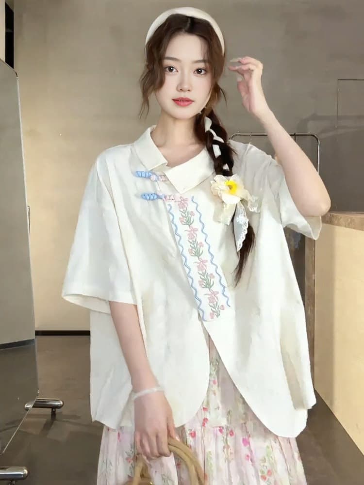 Plus Size Summer New Chinese Style Button Embroidery Short Sleeve Blouse for Women, Irregular Loose Fit Tunic