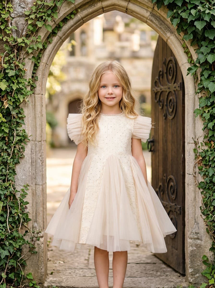 Children's Tutu Dress with Small Flutter Sleeves, Pearl Collar, Lace Embroidery, Flower Girl Dress for Stage Show, Birthday, Photo Shoot, Princess Dress