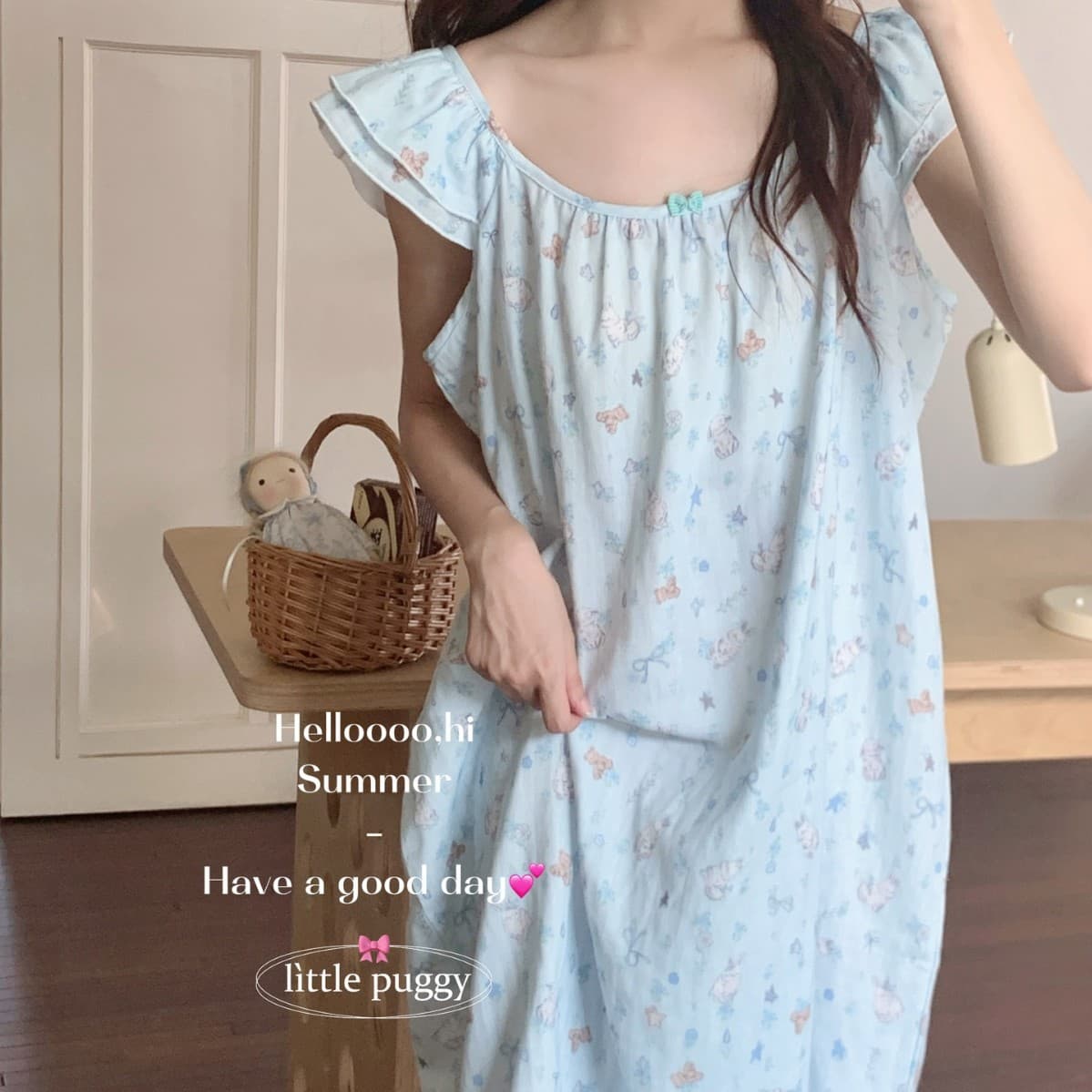 Little Puggy Korean Style Gentle Floral Double-Layer Gauze Pure Cotton Summer Nightgown with Small Flutter Sleeves Home Dress Sleepwear