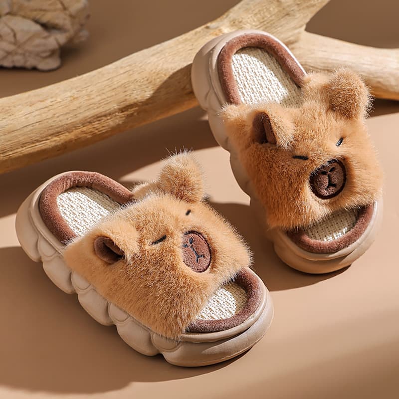 Kapibara children's linen slippers spring and autumn non-slip parent-child and older children's home four-season cotton and linen breathable cotton slippers