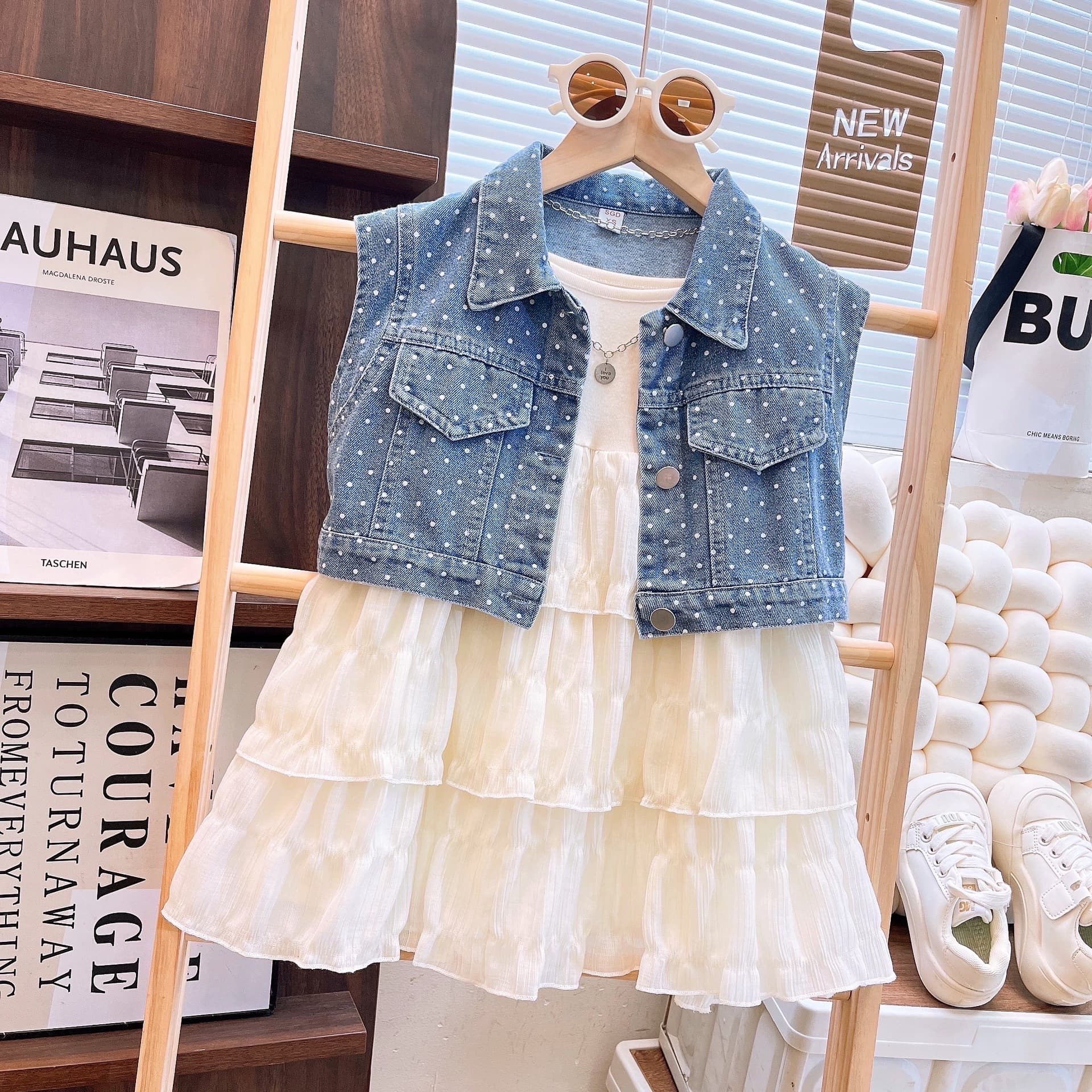 Ancorelala Girls' Set Dress 2026 Summer New Stylish Denim Top with Camisole Cake Skirt Two-Piece Set