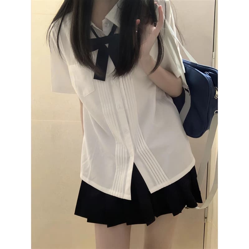 JK Shirt Accordion Pleat Short Sleeve Shirt Women's School Style Graduation Class Uniform Basic Set White Shirt