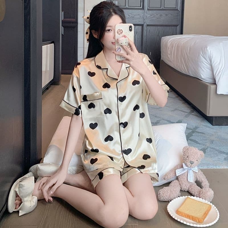Silk-like Women's Pajamas Ice Silk Summer Short Sleeve Shorts Thin Cute Cartoon Loose Homewear Set Korean Style