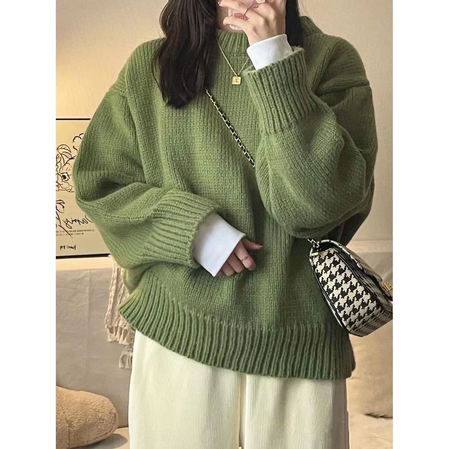Japanese Retro Green Round Neck Pullover Sweater Women Loose Lazy Style Thickened Autumn/Winter Outerwear Knitted Top