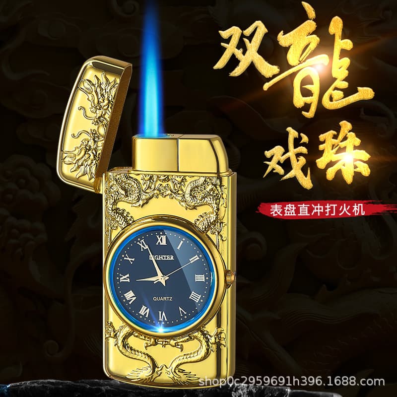 Creative Double Dragon Playing with Pearl Blue Flame Lighter with Watch, Gift Advertising Wholesale