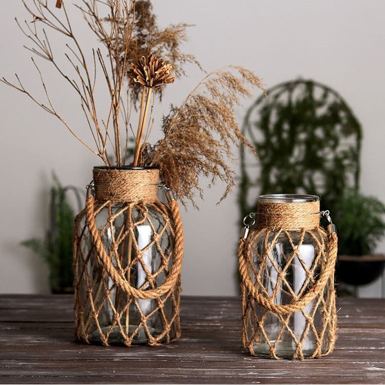 Vintage Jute Rope Glass Vase Handwoven American Country Creative Hydroponic Vase Desktop Decoration Flower Vessel