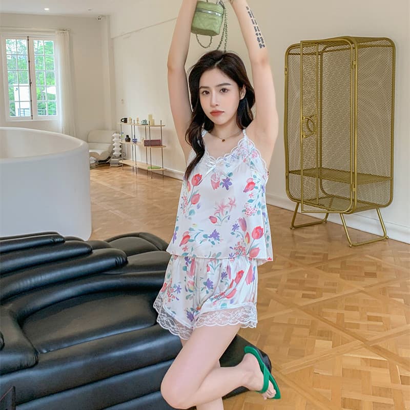 2026 New Style Ice Silk Pajama Shorts Set for Women Summer Camisole Pure Desire Sleepwear Loungewear Sexy