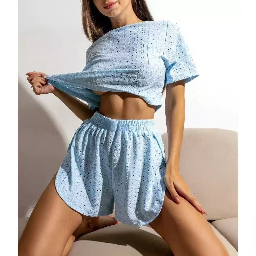 2025 Summer New Hot Sale Comfortable Loose Solid Hollow Out Pajama Short Sleeve Shorts Two-Piece Set Women's Homewear