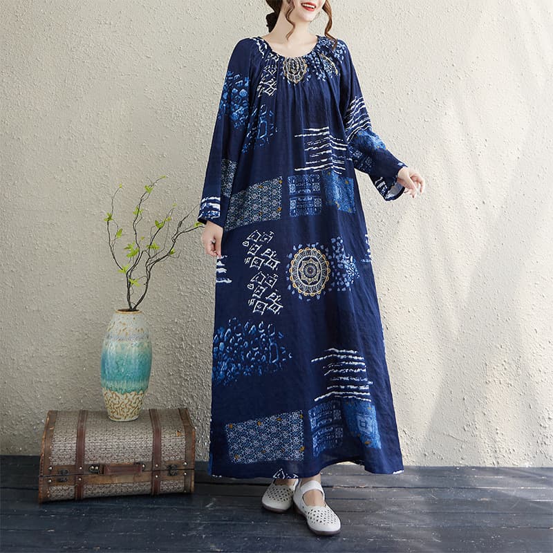 New Autumn Round Neck Shirred Minimalist Raglan Long Sleeve Maxi Dress for Women Vacation Style Loungewear Long Dress