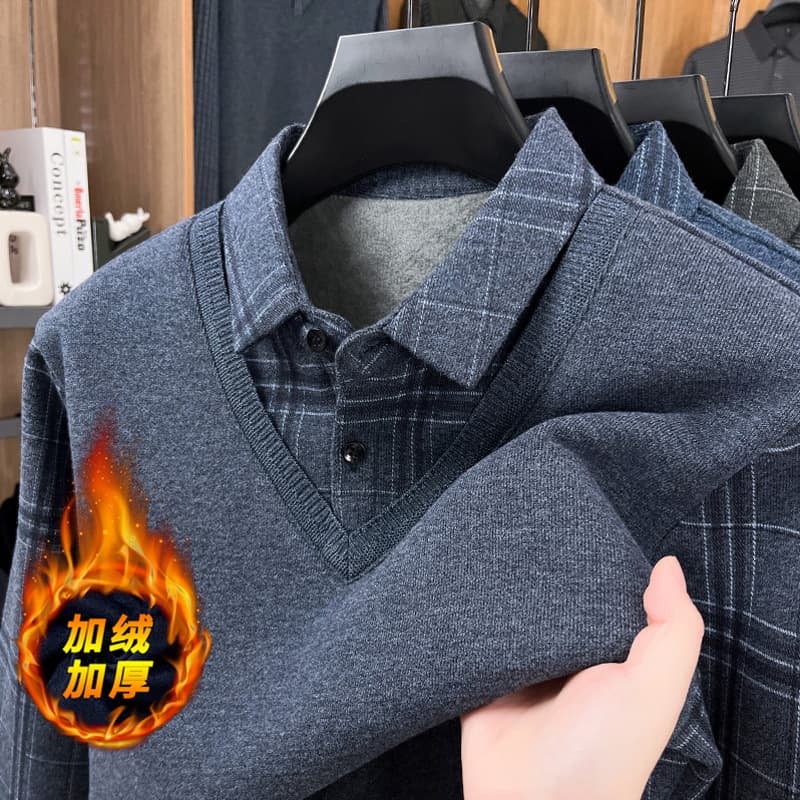 Men's Winter Fleece-Lined Thick Dad Style Turn-Down Collar Faux Two-Layer Casual Thermal Base Wool Sweater