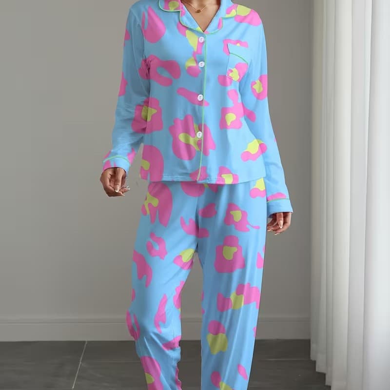 New 2026 Cross-Border 3D Digital Print Women's Cardigan Pajama Set with Notched Collar, Long Sleeves, and Long Pants Two-Piece Set