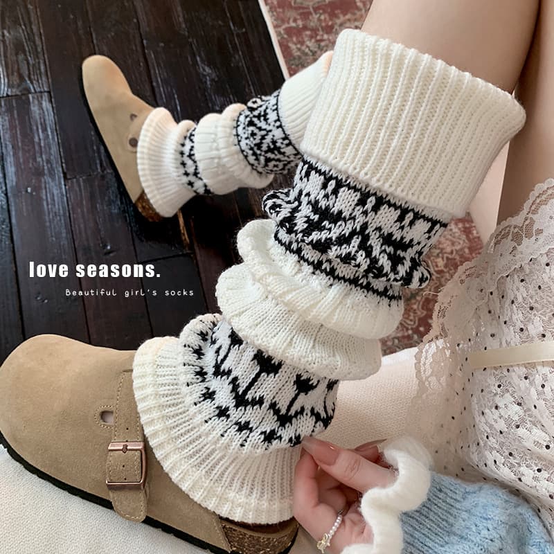 Boot Style Cotton Sock Cuffs Women's Fair Isle Turned-Edge Stacked Socks Autumn/Winter Retro Diamond Pattern Thickened Warm Gray Calf Leg Warmers