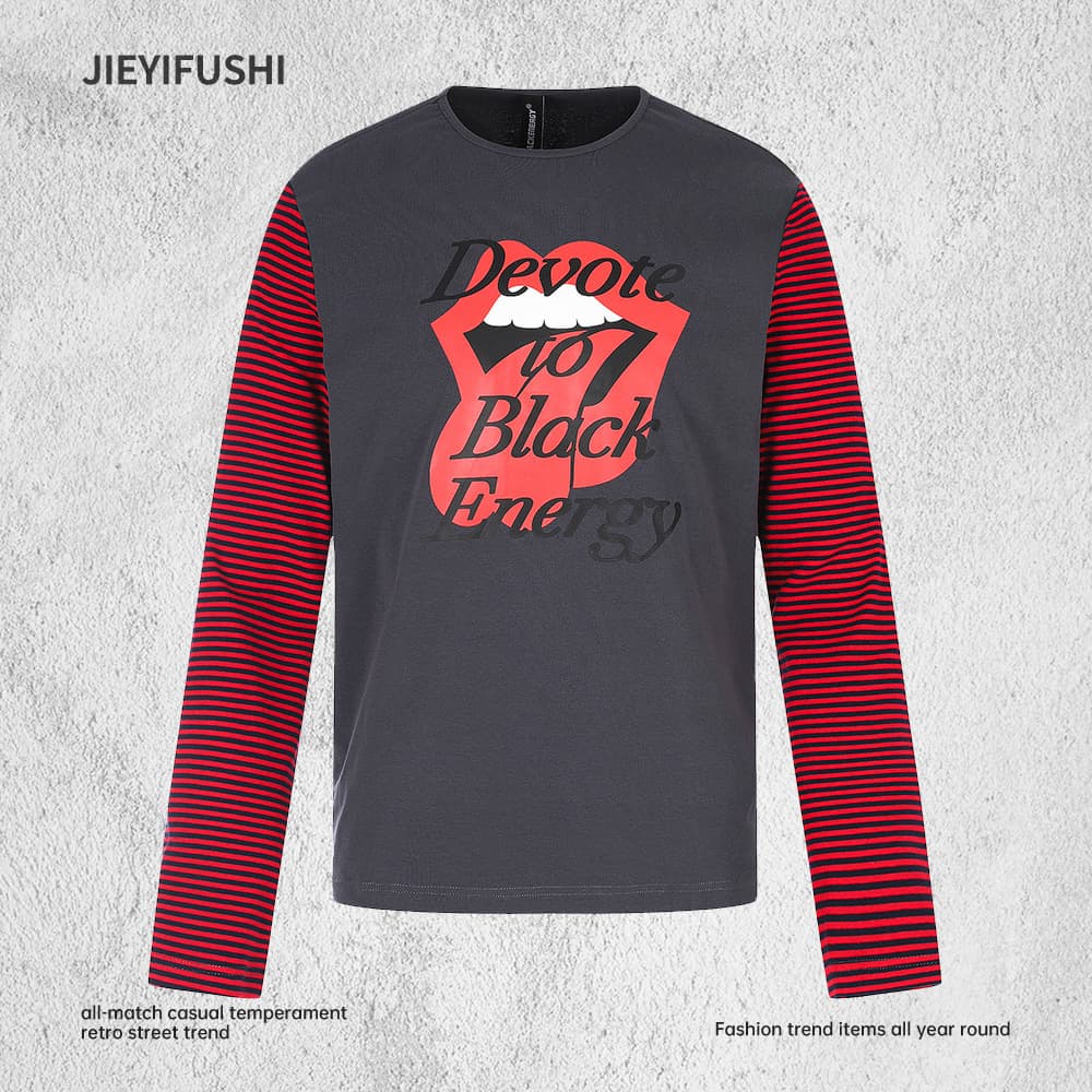 Creative mouth print stitching striped long-sleeved T-shirt men's spring and autumn casual high street design round neck top