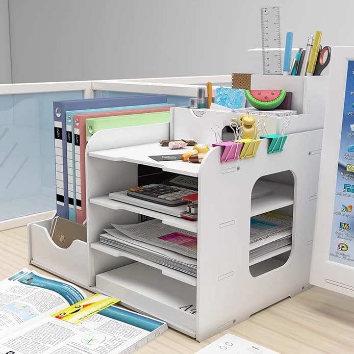 Multi-Layer Multi-Function Desktop Document File Rack, Office Supplies Organizer, Vertical Storage Shelf for A4 Files