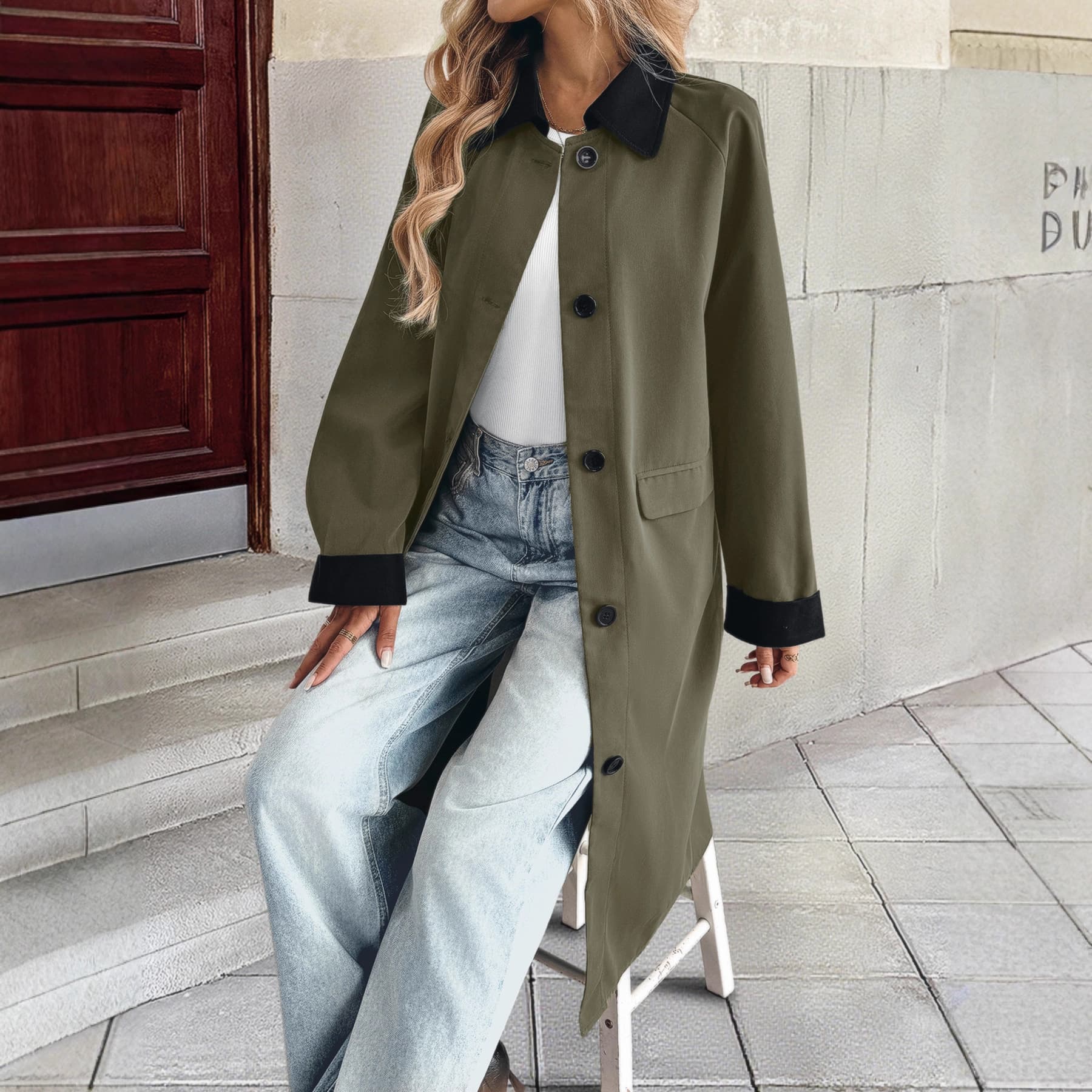 European and American cross-border foreign trade autumn new contrasting color loose version windbreaker temperament commuting versatile long coat for women