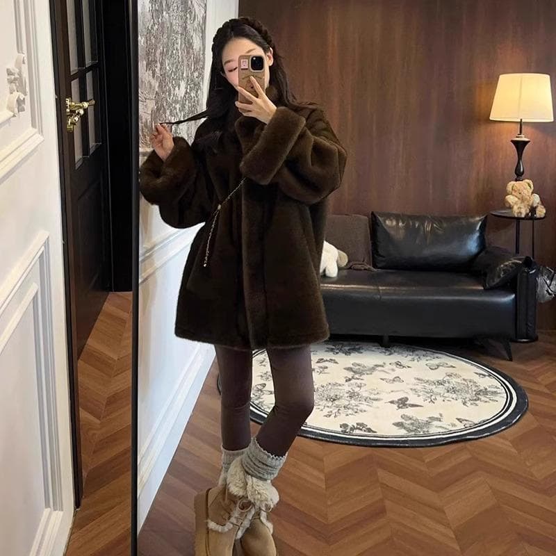 Faux Mink Plush Mid-length Stand Collar Fur Blend Korean Style Roll-up Sleeve Vintage Two-tone Fur Winter Coat Women