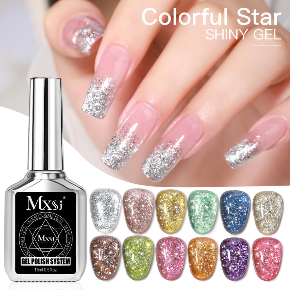Mxsi Flash Rainbow Star Platinum Gel Nail Polish Versatile Brilliant Gel Silver Glitter Nail Polish