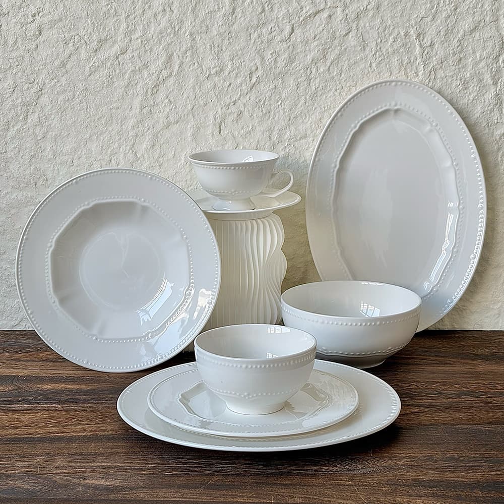 Wabi-Sabi Style Retro Embossed Bead-Patterned Tableware Bowls and Plates, High Aesthetic Coffee Cups and Saucers, Afternoon Tea Dessert Salad Bowls