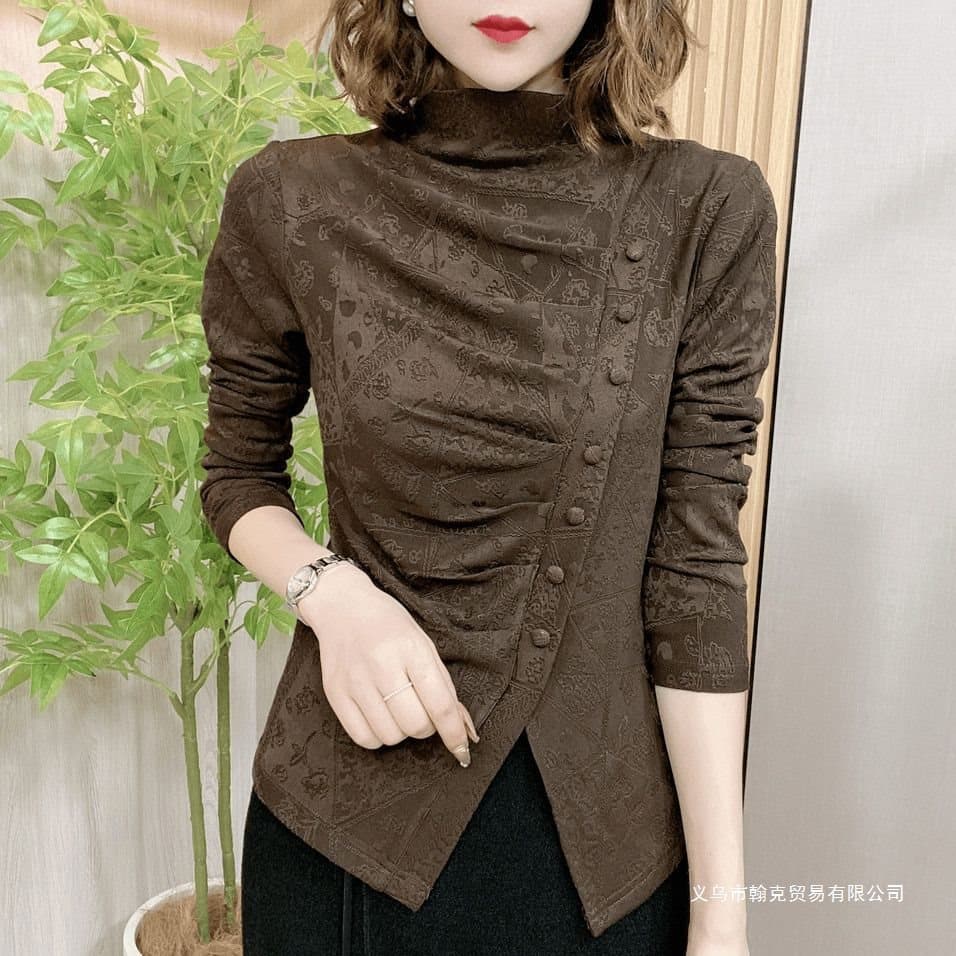 2025 Autumn/Winter New Jacquard Blouse with Side Slit, Elegant Slim-Fit Long Sleeve Top