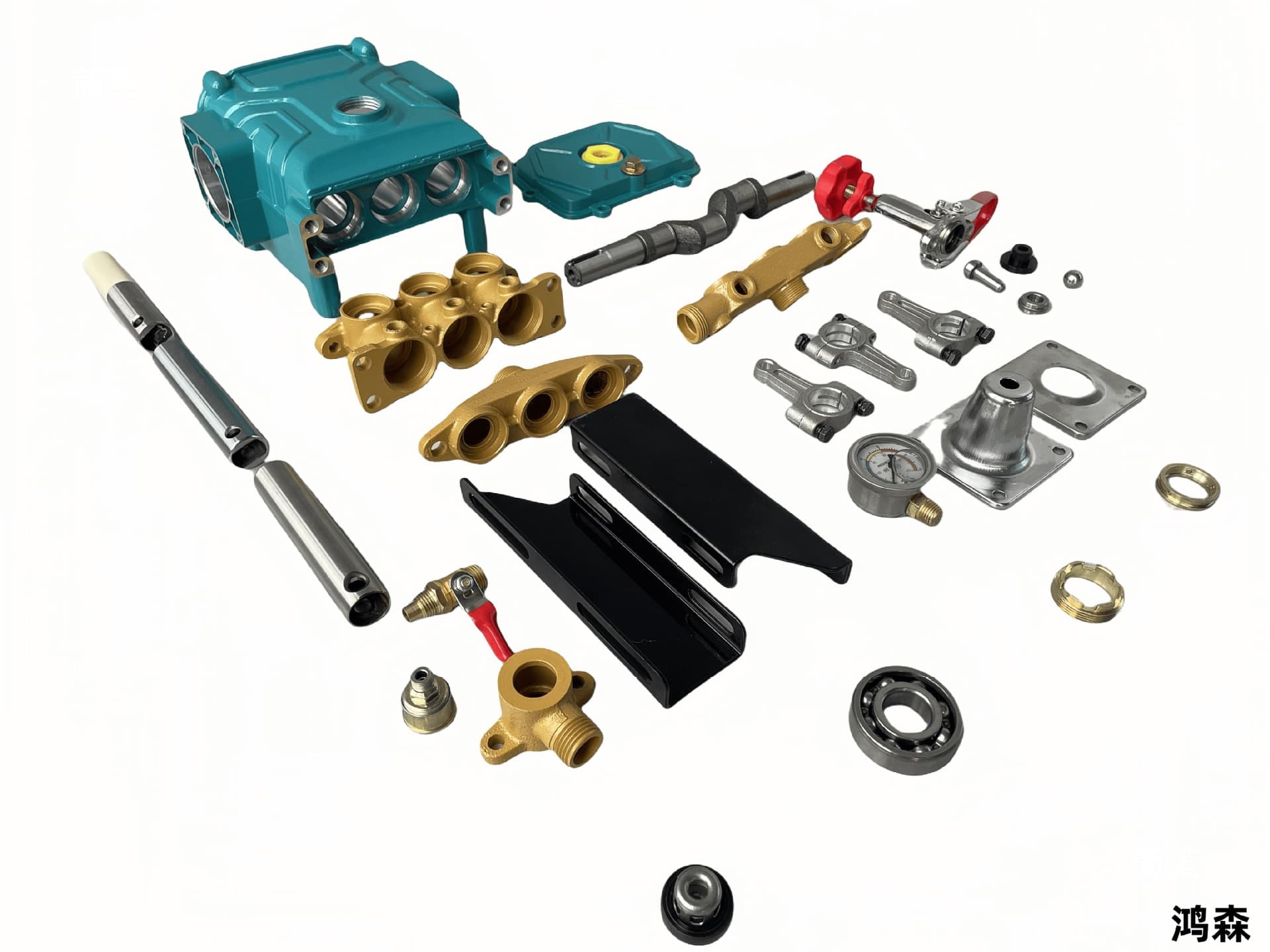 High-pressure three-cylinder plunger pump head accessories: crankshaft, valve stem, cylinder block, pressure gauge, oil ring, connecting rod, grease cup, switch, and others.