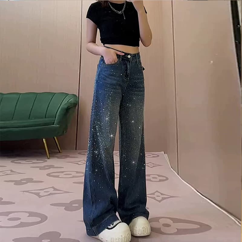 Blue Rhinestone Sequin Flared Jeans for Women 2025 Autumn New High-Waist Slimming Fashion Versatile Horseshoe Long Pants