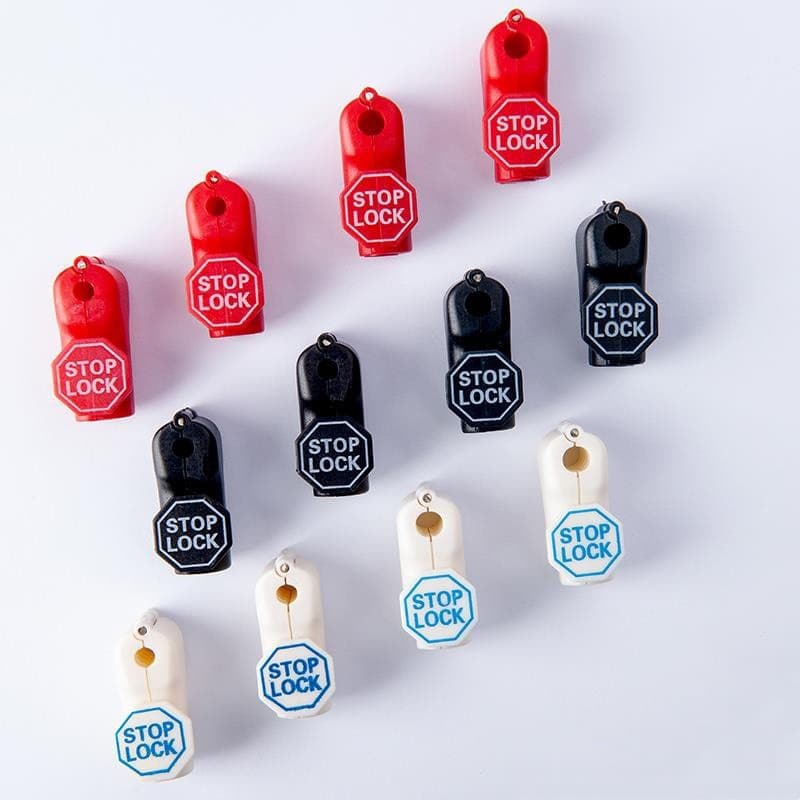 Mobile accessory shelf hook locks, small red locks for retail stores and supermarket shelf security hooks and lock buckles.