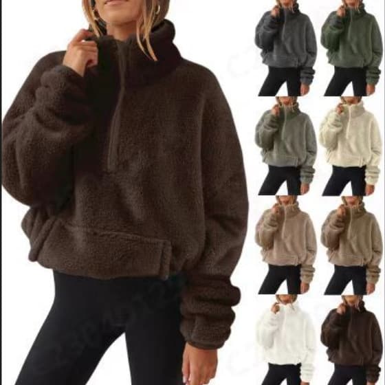Cross-border AliExpress Wish 2025 Autumn/Winter European and American New Product Fuzzy Plush Fleece-lined Women's Half Zipper Stand Collar Hoodie