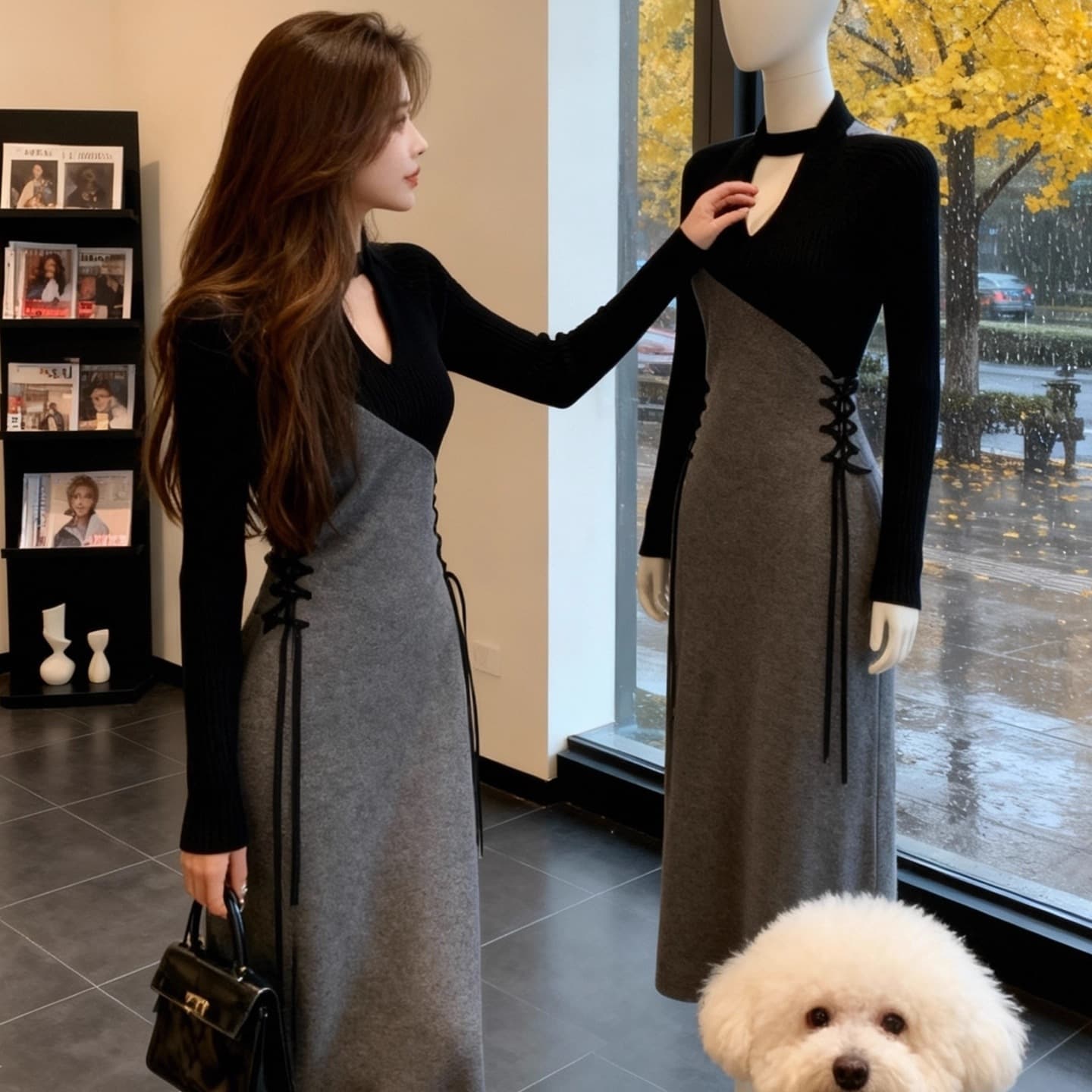 High-end splicing dress for women 2026 autumn and winter new style waist slimming strap light mature style long skirt