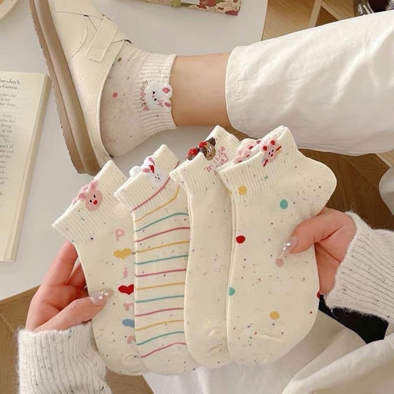 Women's Short Socks Spring Summer Dot Yarn Boat Socks Trendy Cute Invisible Socks Cartoon Japanese Style 3D Rabbit Socks