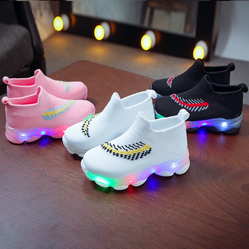 LED Light Up Socks Shoes for Men, Women, and Children, 2019 Fall Summer New Breathable Flyknit Sports Shoes with Feather Glowing Lights