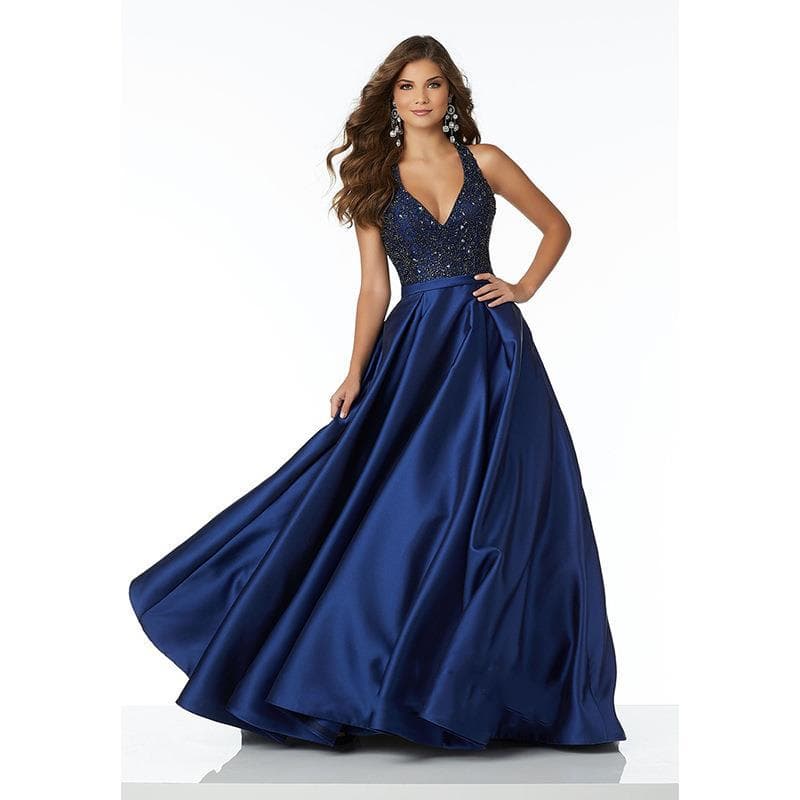 Deep V-Neck Backless Sexy Navy Blue Elegant Beaded Gown Banquet Hostess Dress