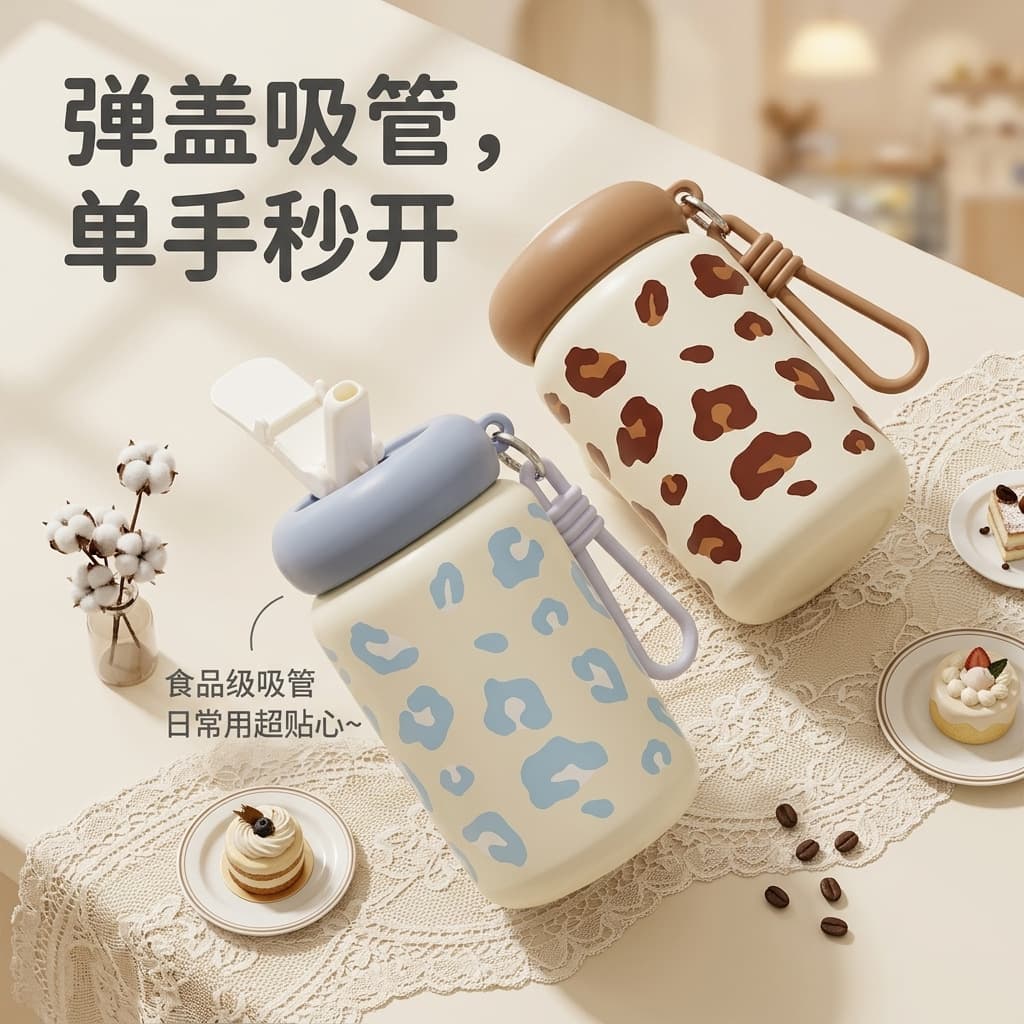 Stylish Leopard Print Water Bottle with Dual-Lid Design, Insulated Cup, 316 Stainless Steel, Portable Car Coffee Mug