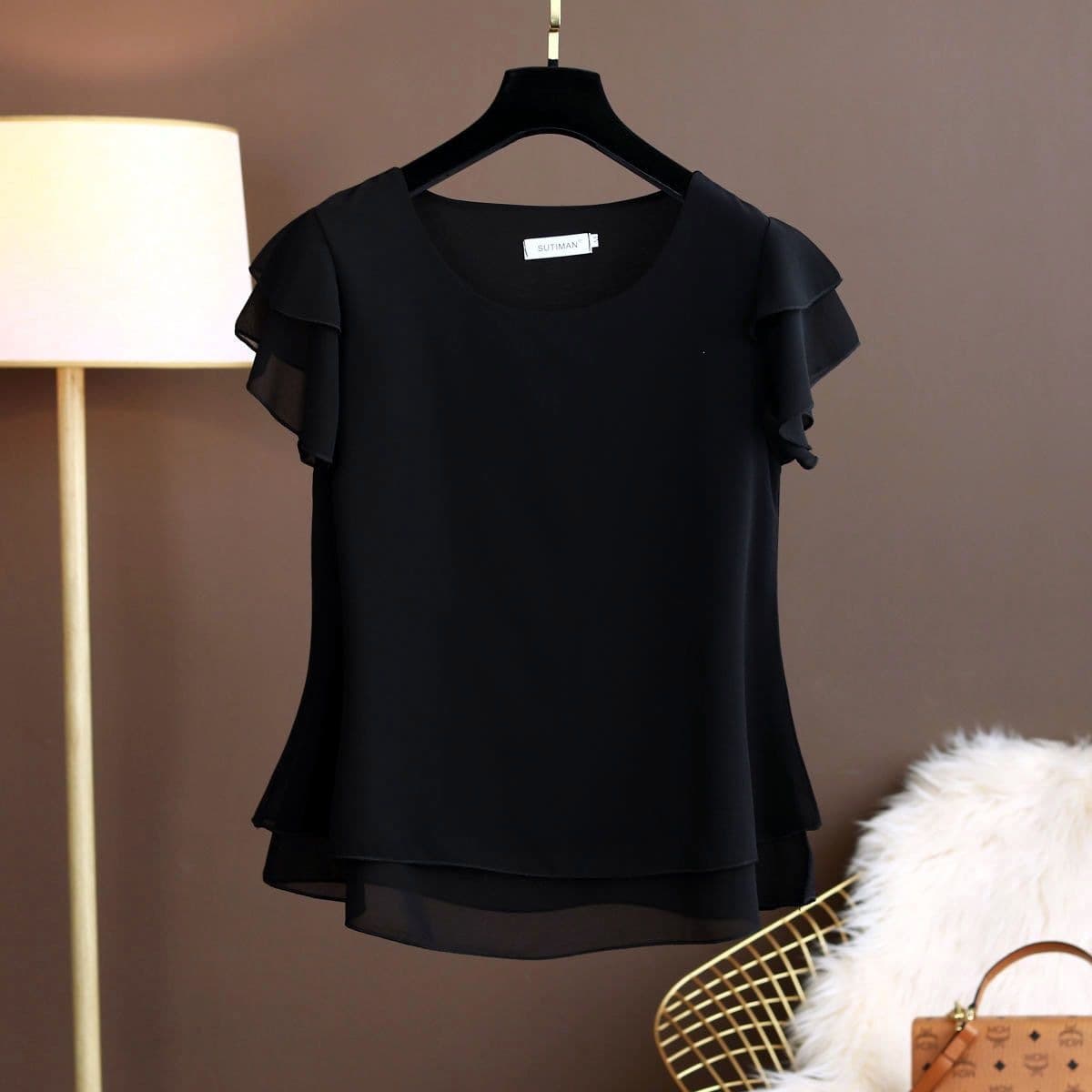 Tummy-Hiding Summer New Short-Sleeve Top for Women, Chiffon Blouse, Plus Size T-Shirt, Loose Stylish Top, Women's Base Layer