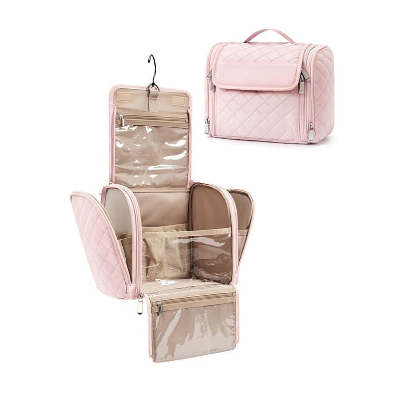 Ready-made toiletry bag, travel cosmetic bag with hook, waterproof toiletry accessories, brush sponge with handle and hook