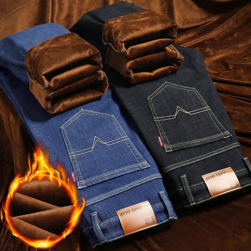 New cross-border autumn/winter stretch fleece-lined denim trousers for young men, slim fit, thickened straight leg, warm.