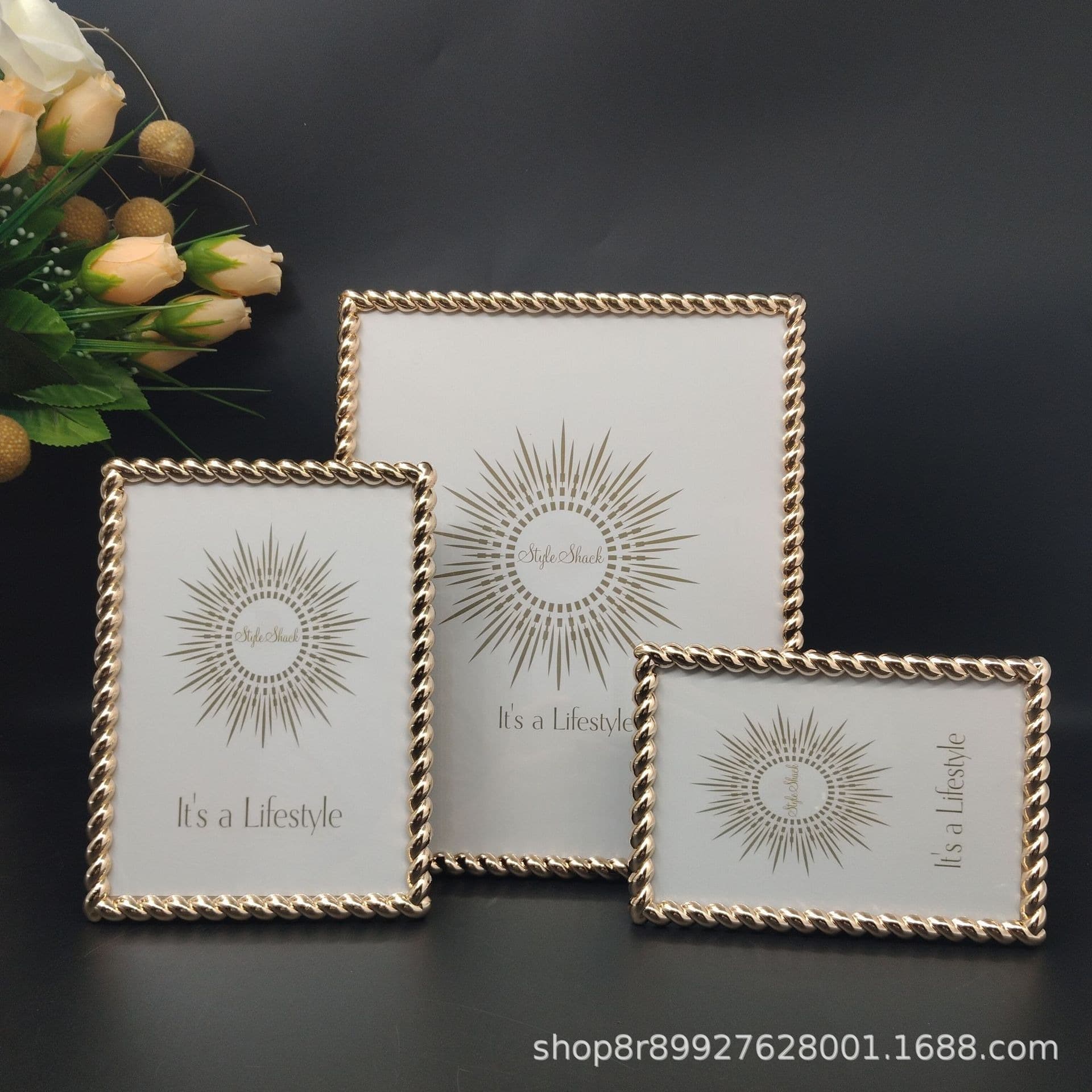 Light Gold Horizontal Vertical Hemp Rope Texture Metal Frame Picture Frame Desktop, European Style, Vintage, Light Luxury, Gold