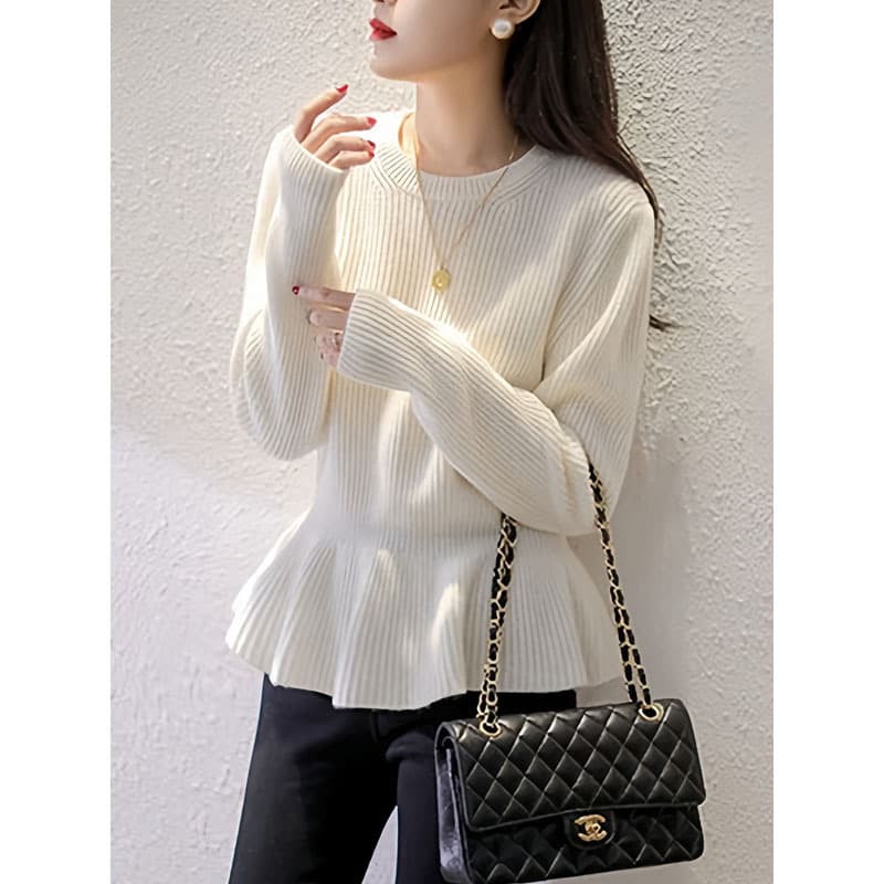 6991 In Stock French Style Soft Sweet Ruffle Hem Knit Top Solid Slim Fit Sweater Base Layer Feminine