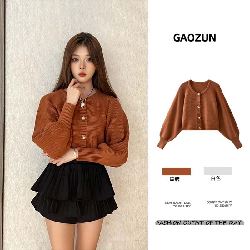 Dalang Caramel Brown Loose Fit Women's Batwing Sleeve Cardigan Sweater, Designed with a Relaxed Short Length and Long Sleeves Knit Top